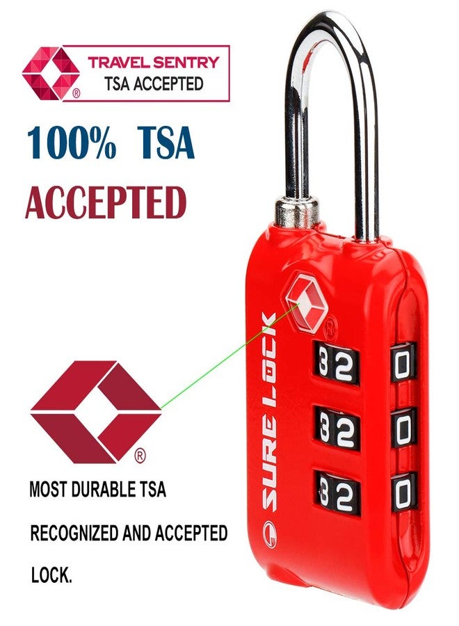 SURE LOCK TSA Approved 3 Digit Luggage Locks with Zinc Alloy Body and Hardened Steel Shackle to Lock Travel Suitcase (RED 2 Pack) - Image 2